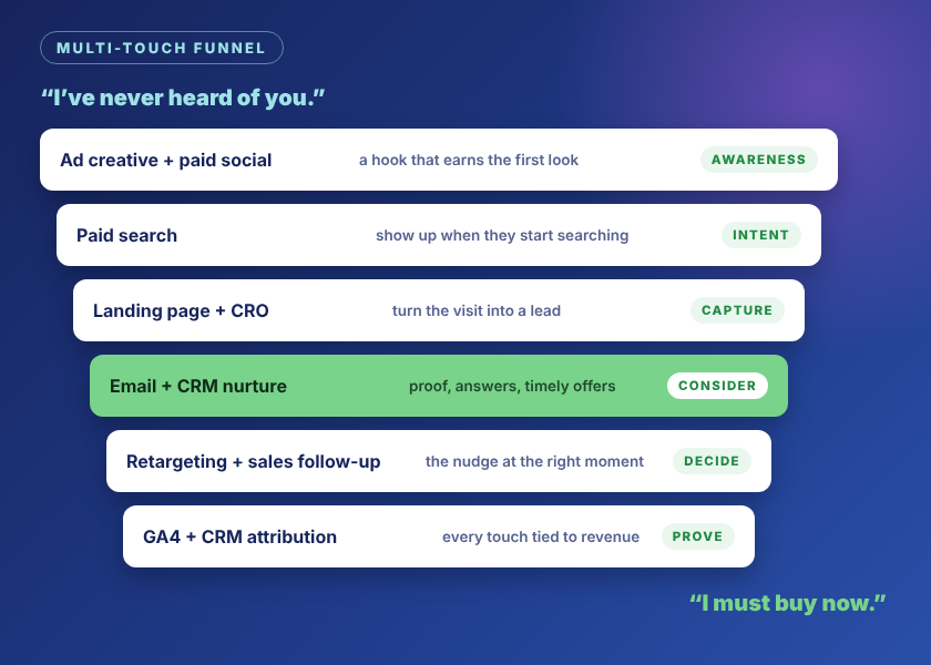 Multi-touch funnel from awareness to purchase: ad creative, paid search, landing pages, email and CRM nurture, retargeting, and attribution