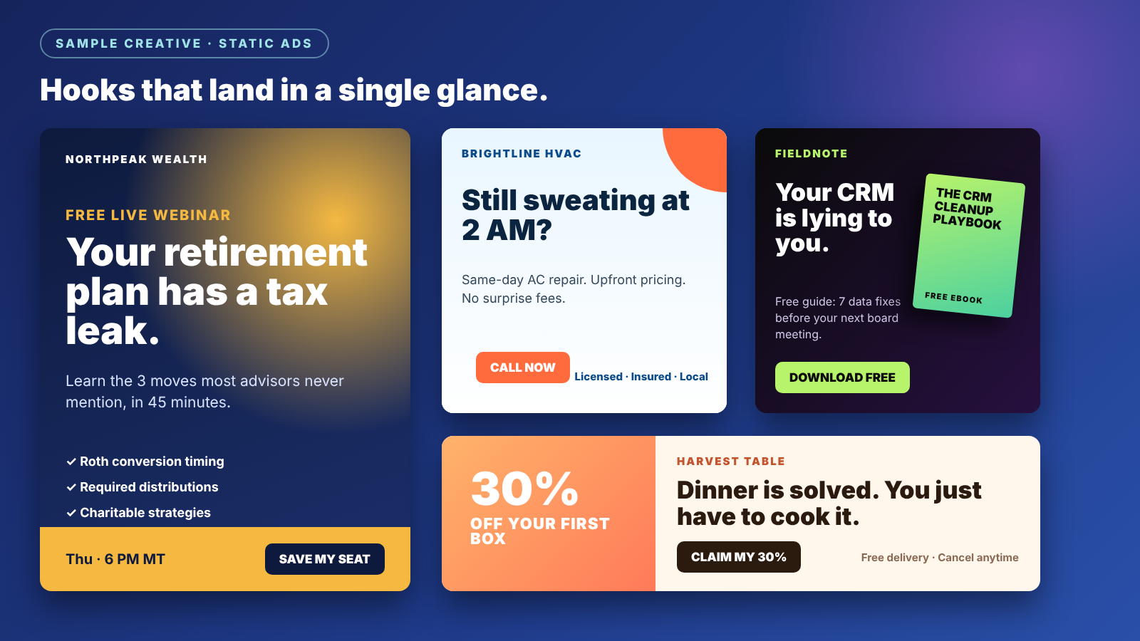 Sample static ad concepts for fictional brands: a webinar ad, a local service ad, an ebook download ad, and a promo banner